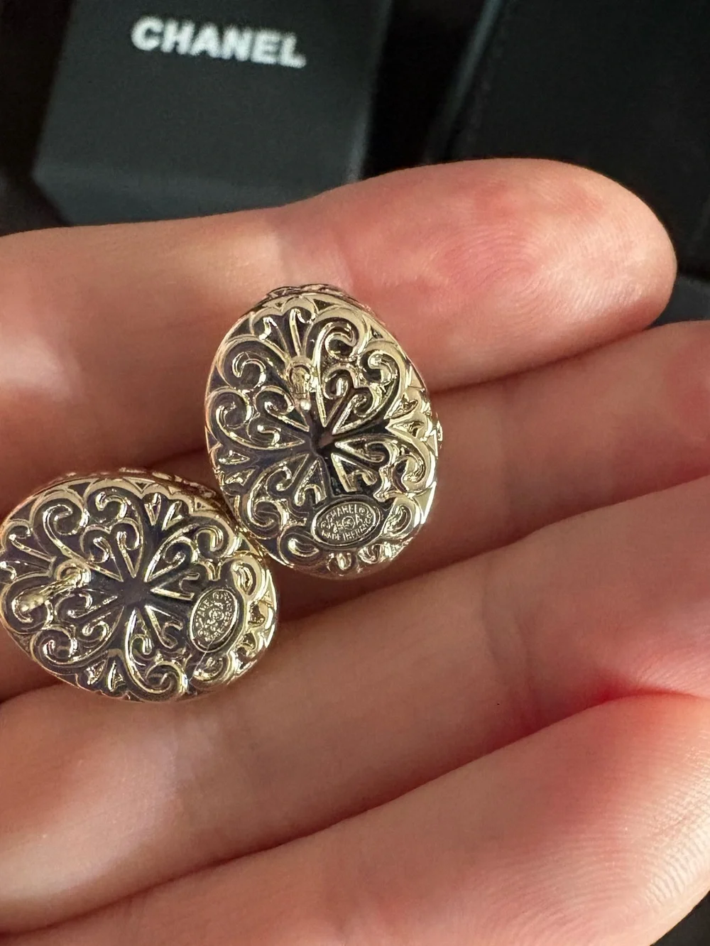CHANEL Pearl Gold tone  Logo Stud Earrings barely used new condition.